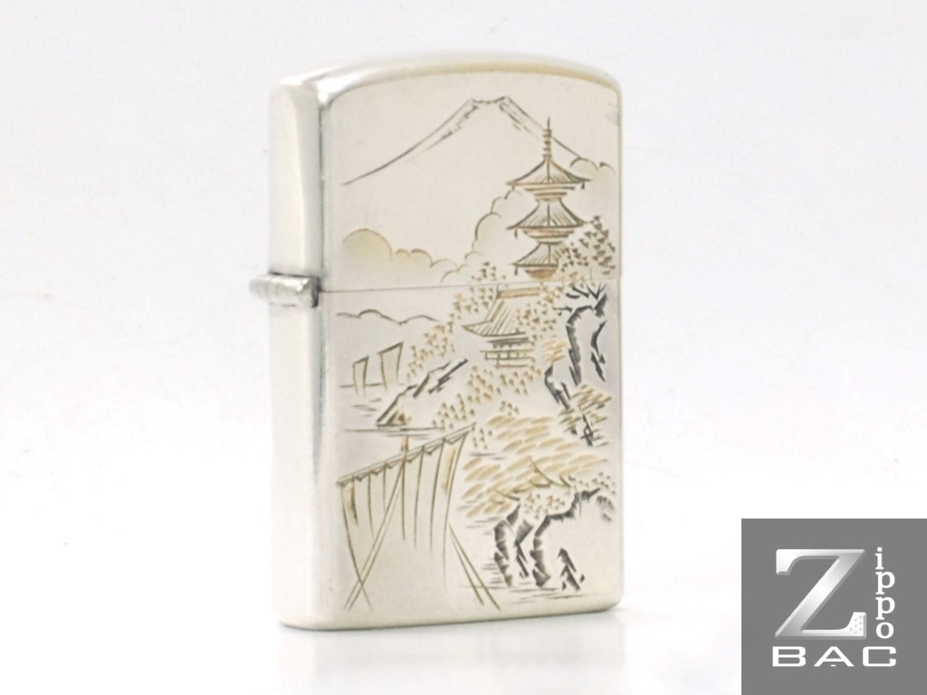 MS 161. Zippo bạc Nhật khảm vàng - tháp chùa, thuyền buồm lộng gió