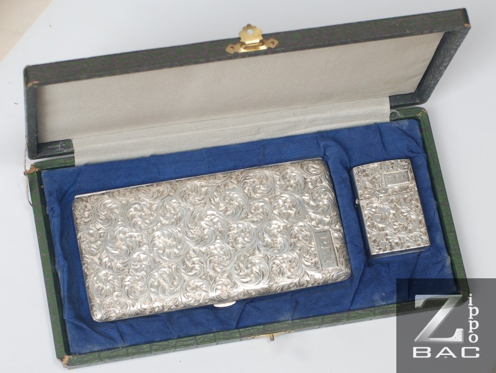 MS 166. Set bạc khối Nhật, hoa văn toàn thân: Hộp đựng thuốc và Zippo