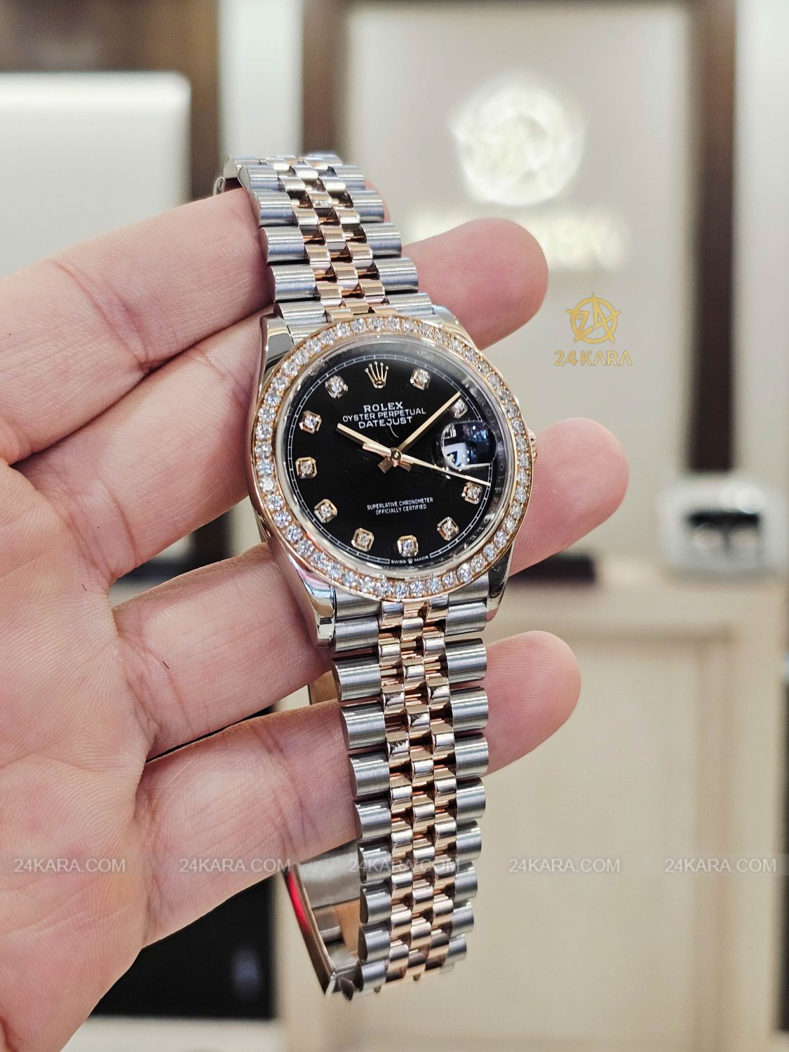Đồng hồ Rolex Datejust 36 M126231-0019 126231-0019 Vàng Hồng Everose 18ct Mặt đen sáng Nạm kim cương - Lướt