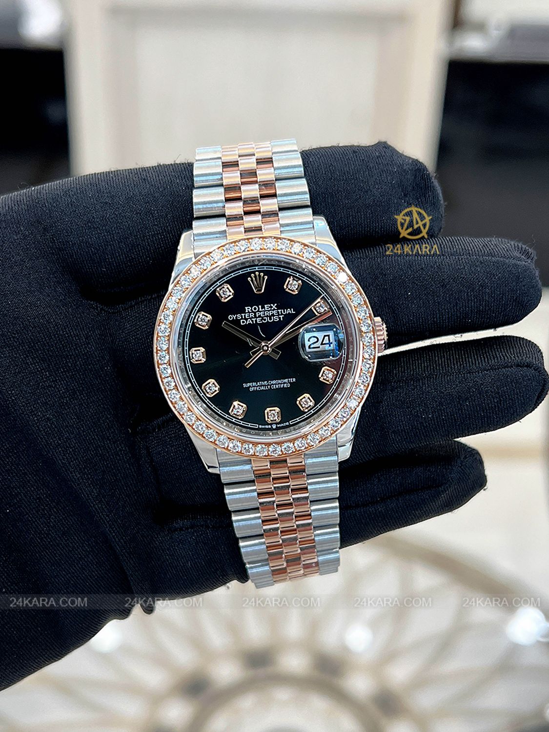 Đồng hồ Rolex Datejust 36 M126231-0019 126231-0019 Vàng Hồng Everose 18ct Mặt đen sáng Nạm kim cương - Lướt