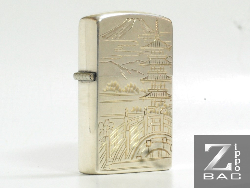 MS 172. Zippo bạc khối Nhật tháp chùa, nét khắc khảm vàng 1950s