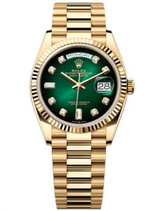 Đồng hồ Rolex Day-Date M128238-0069 128238-0069 vàng vàng, mặt số ombre xanh lá kim cương