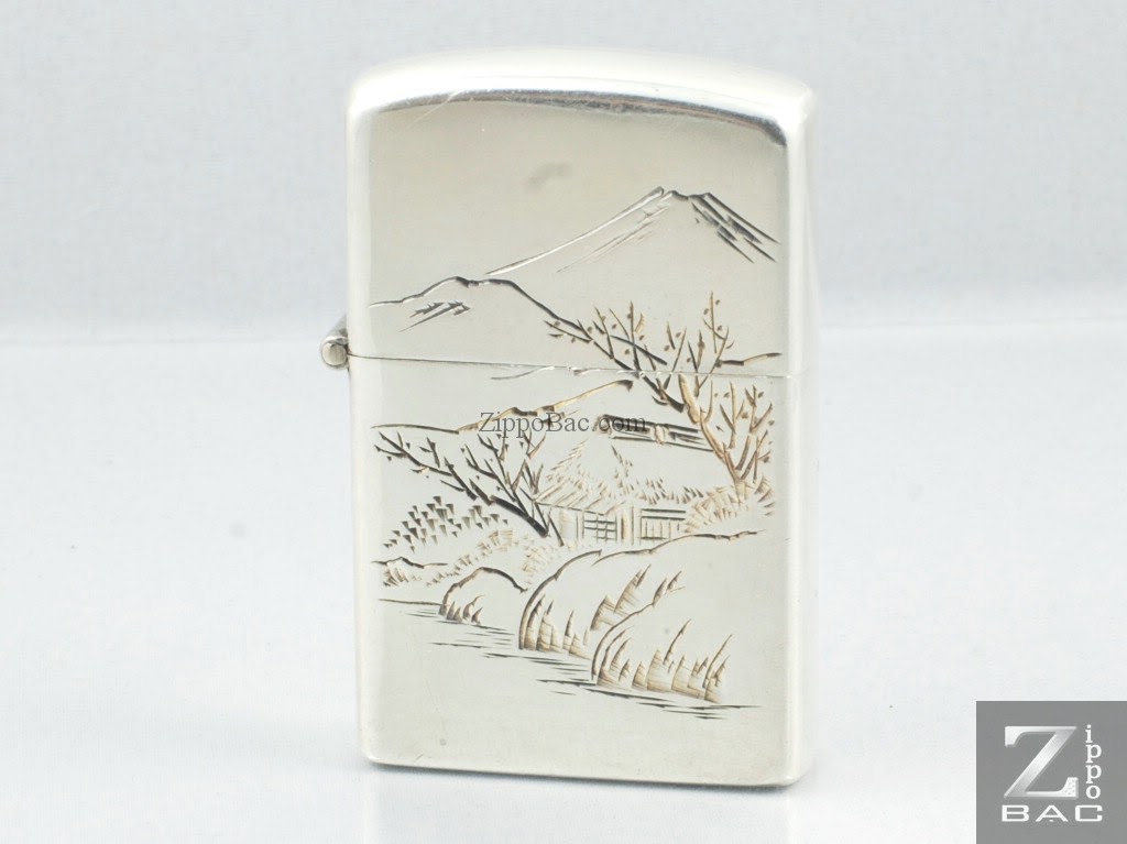 MS 216. Zippo bạc khối Nhật - non nước, làng quê - nét khắc ánh vàng  - 1960s