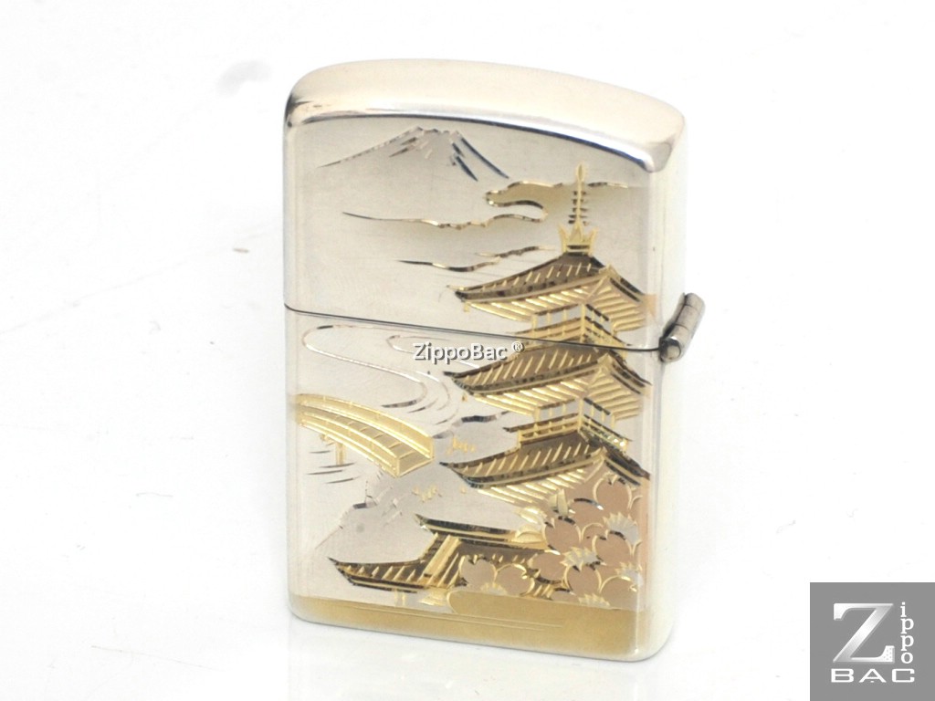 MS 230. Zippo bạc khối Nhật cổ 1950s - bản đồ, tháp chùa khảm vàng