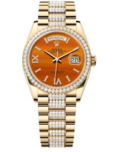 Đồng hồ Rolex Day-Date M128348RBR-0050 128348RBR-0050 yellow gold, mặt số đá carnelian kim cương - Mẫu mới 2023