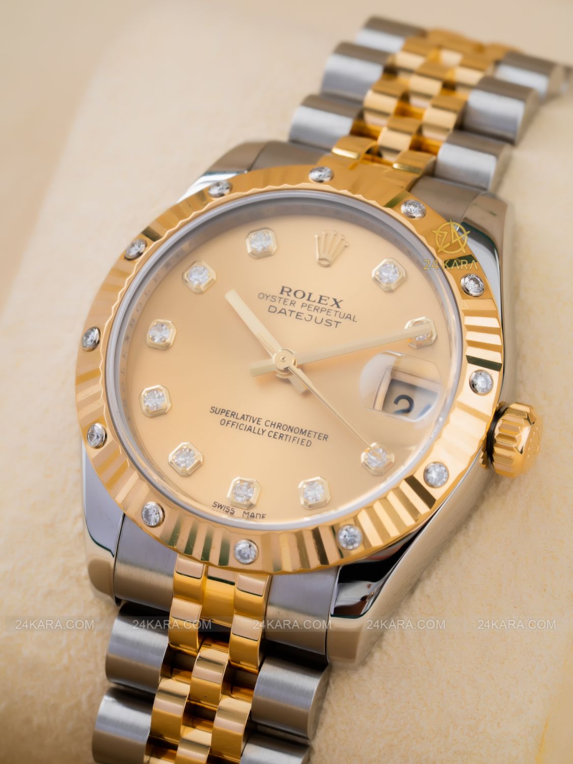 Đồng hồ Rolex Datejust 31 178313 mặt champagne kim cương demi vàng - lướt