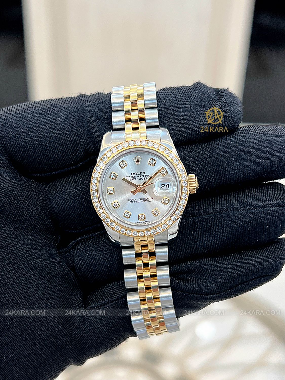 Đồng hồ Rolex Lady Datejust 26 M179383RBR 179383RBR Vàng kim 18ct Niềng kim cương hãng mặt số Silver nạm kim cương - Lướt