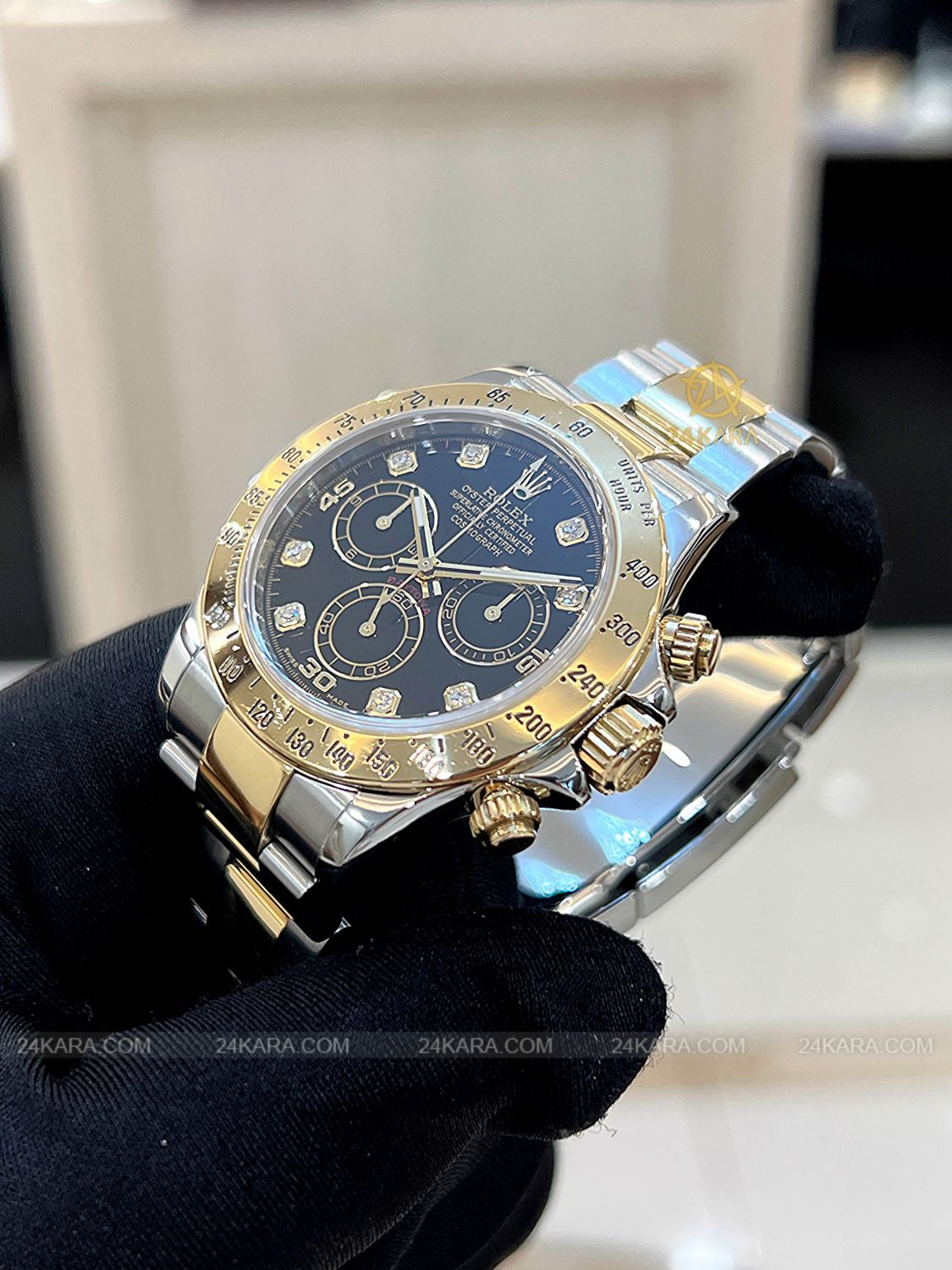 Đồng hồ Rolex Cosmograph Daytona 40 M116523-0043 116523-0043 Vàng Kim 18ct Mặt đen Cọc số Kim cương - Lướt