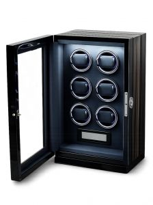 Hộp xoay đồng hồ 6 xoay - vân gỗ nâu đỏ cảm ứng khoá vân tay đèn LED RGB