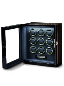 Hộp xoay đồng hồ 9 xoay - vân gỗ đỏ đèn cảm ứng khoá vân tay đèn LED RGB