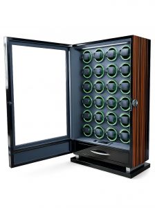 Hộp xoay đồng hồ 24 xoay - vân gỗ đỏ cảm ứng khoá vân tay đèn LED RGB