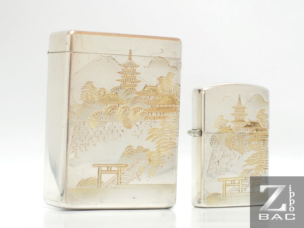 MS 110 - Bộ Hộp đựng thuốc và Zippo bạc khối Nhật, họa tiết khảm vàng