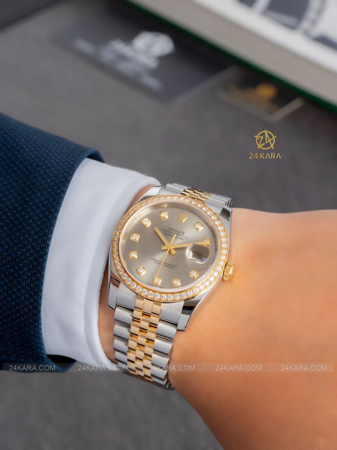 Đồng hồ Rolex Datejust 36 M116243 116243 Niềng kim cương Mặt bạc Demi vàng