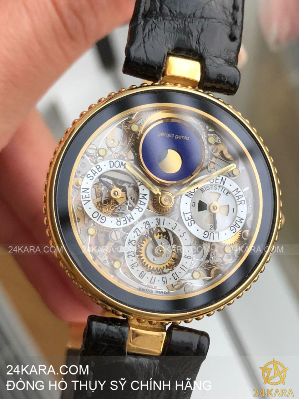 Đồng hồ Gérald Genta Astronomic Quantieme Perpetual Skeleton Gold 18K G3103.4 Black Onyx White Gold Yellow Gold Automatic - Lướt