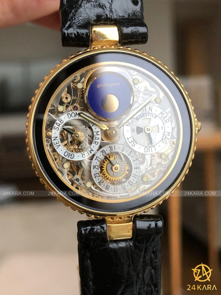 Đồng hồ Gérald Genta Astronomic Quantieme Perpetual Skeleton Gold 18K G3103.4 Black Onyx White Gold Yellow Gold Automatic - Lướt