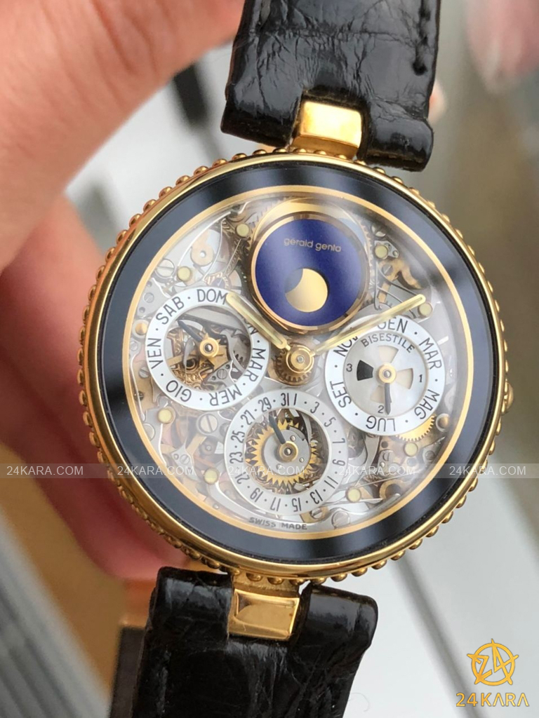 Đồng hồ Gérald Genta Astronomic Quantieme Perpetual Skeleton Gold 18K G3103.4 Black Onyx White Gold Yellow Gold Automatic - Lướt