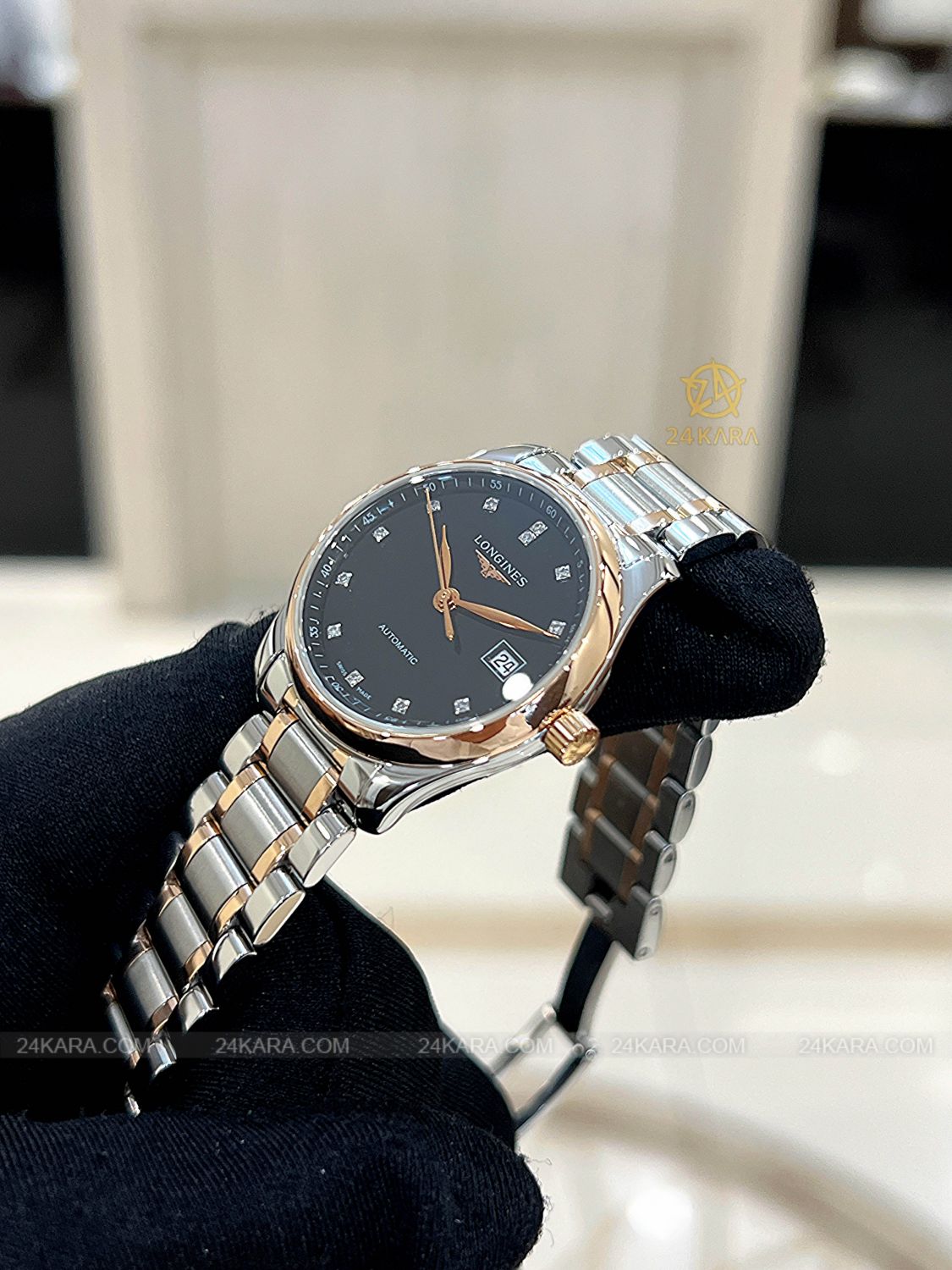 Đồng hồ Longines Master L2.257.5.59.7 L22575597 Vàng hồng 18K Mặt Đen Nạm Kim Cương - Lướt