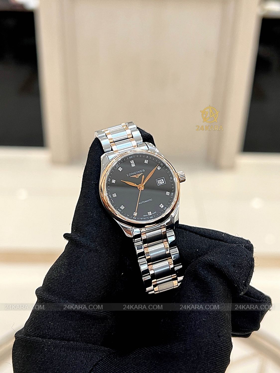 Đồng hồ Longines Master L2.257.5.59.7 L22575597 Vàng hồng 18K Mặt Đen Nạm Kim Cương - Lướt