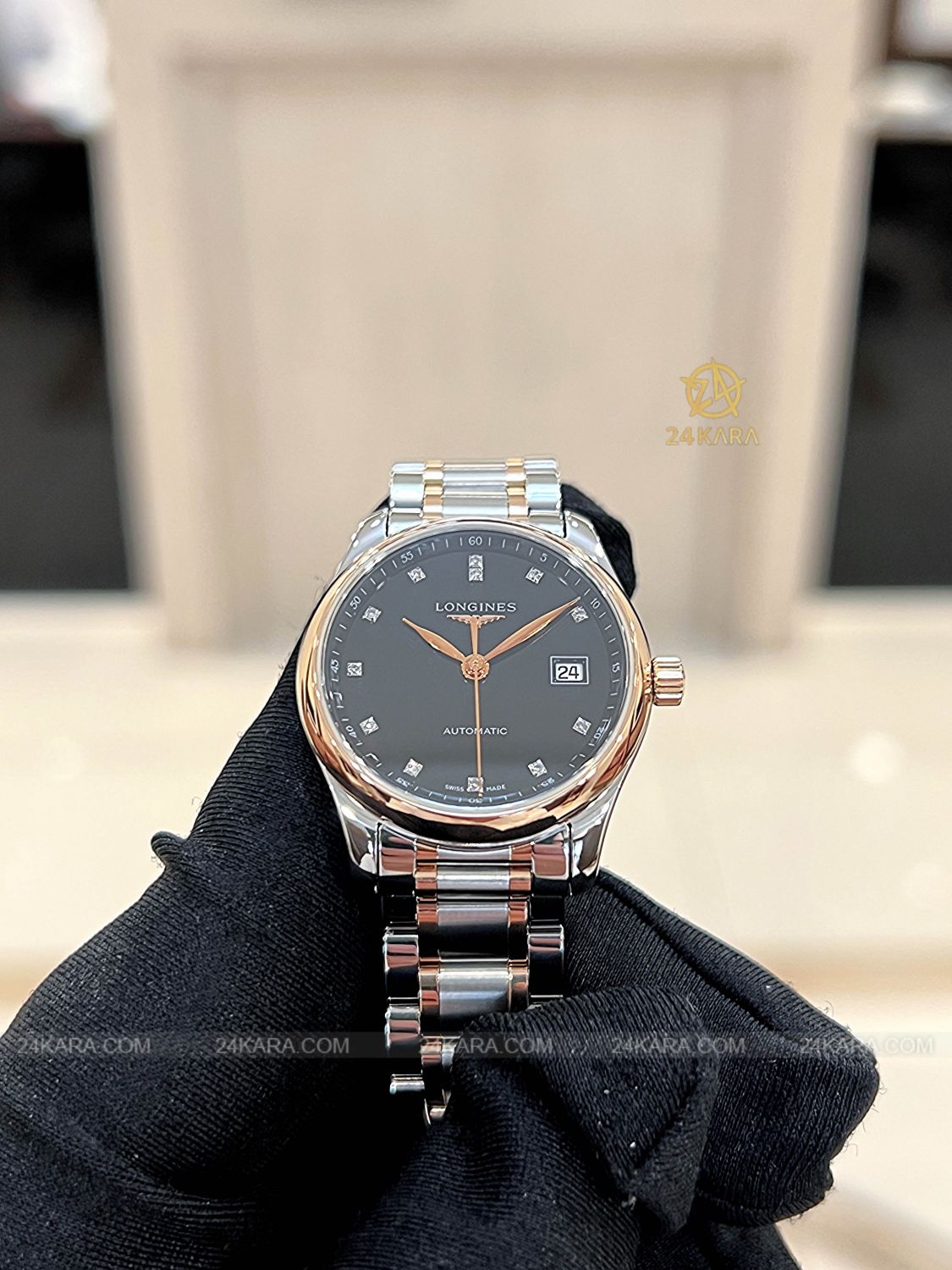 Đồng hồ Longines Master L2.257.5.59.7 L22575597 Vàng hồng 18K Mặt Đen Nạm Kim Cương - Lướt