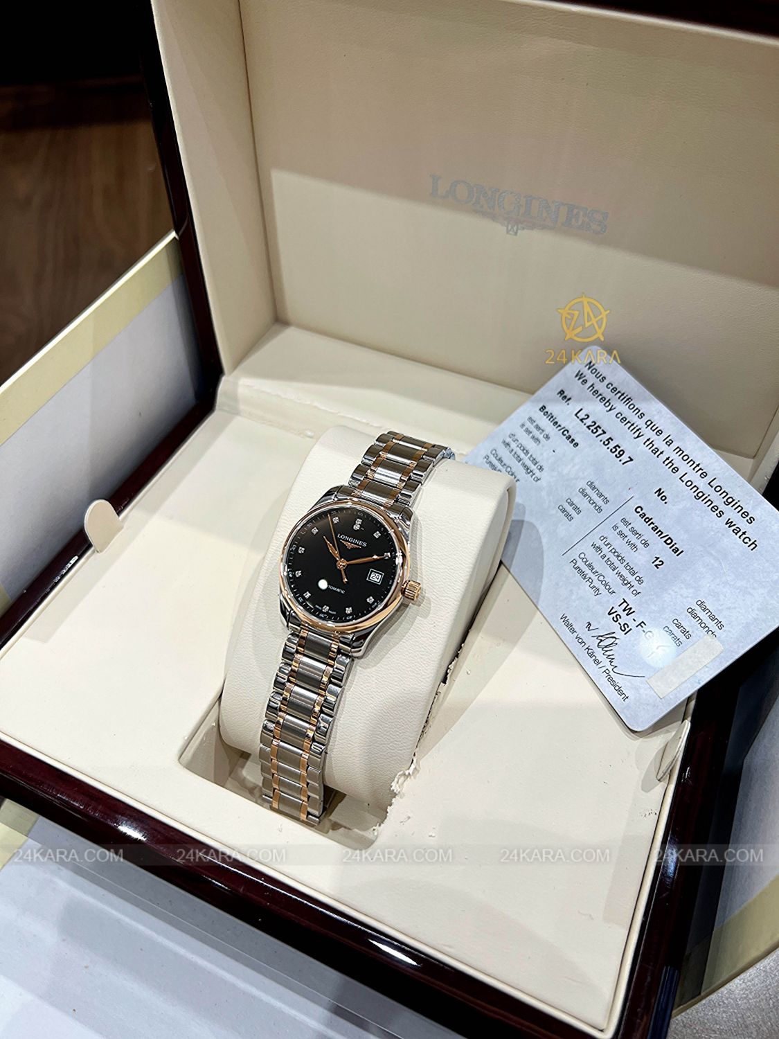 Đồng hồ Longines Master L2.257.5.59.7 L22575597 Vàng hồng 18K Mặt Đen Nạm Kim Cương - Lướt