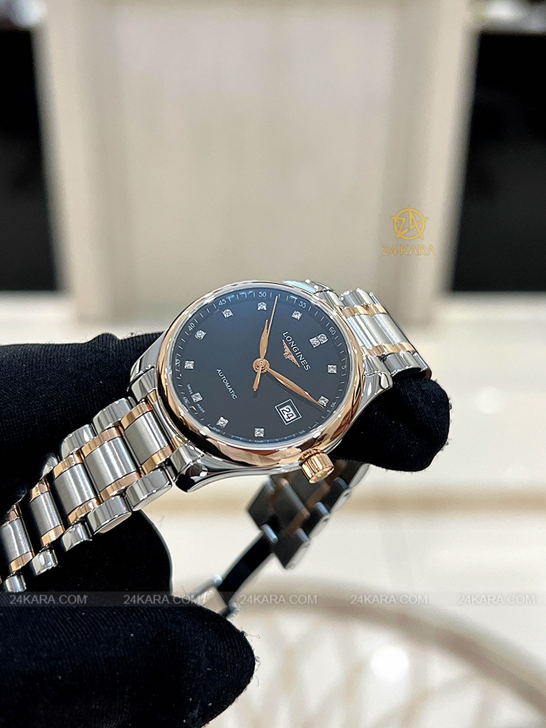 Đồng hồ Longines Master L2.257.5.59.7 L22575597 Vàng hồng 18K Mặt Đen Nạm Kim Cương - Lướt