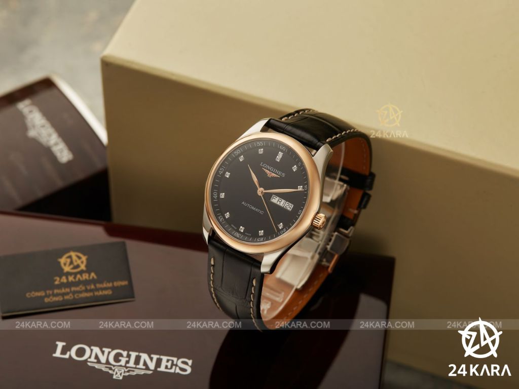 Review chi tiết Longines Master L2.755.5.59.2 Kim Cương Day-Date Demi Vàng Hồng
