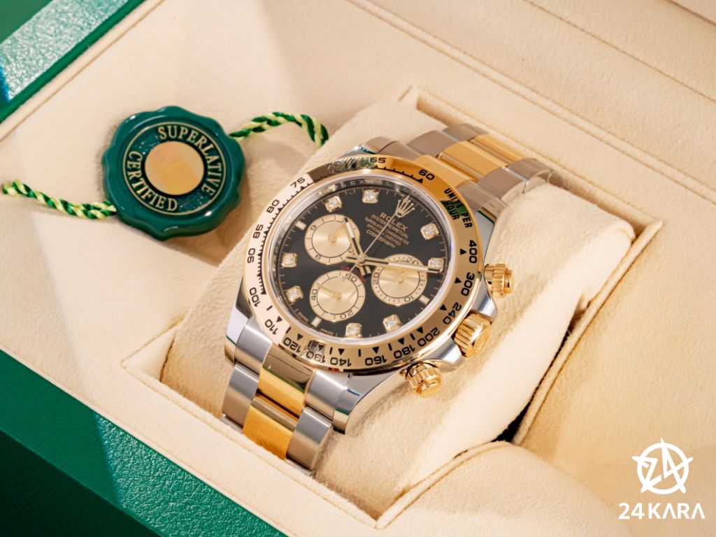 Review chi tiết Rolex Cosmograph Daytona 40 M126503-0002 Vàng Kim 18ct Mặt Đen Sáng Kim cương