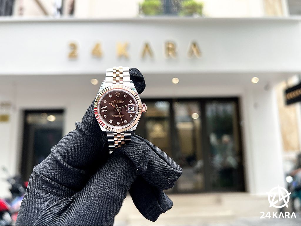 Review chi tiết Rolex Lady-Datejust 28 M279171-0003 Vàng Everose 18ct Mặt Chocolate Cọc số Kim cương ngôi sao