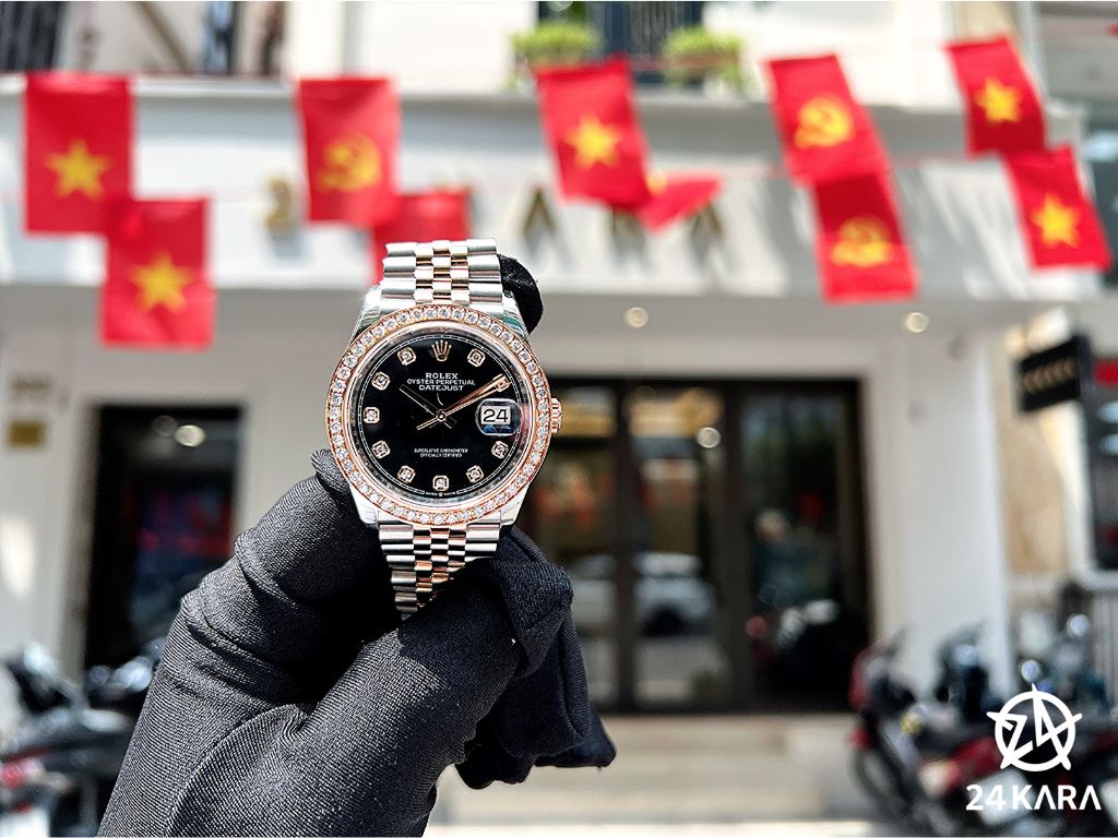 Review Rolex Datejust 36 M126231-0019 Vàng Hồng Everose 18ct Mặt đen sáng nạm kim cương