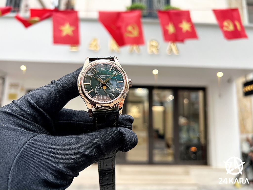 [24KARA Review] Patek Philippe Complications 5205R-011 Olive Green Rose Gold Annual Calendar Moon Phases Khóa Hoa Thị