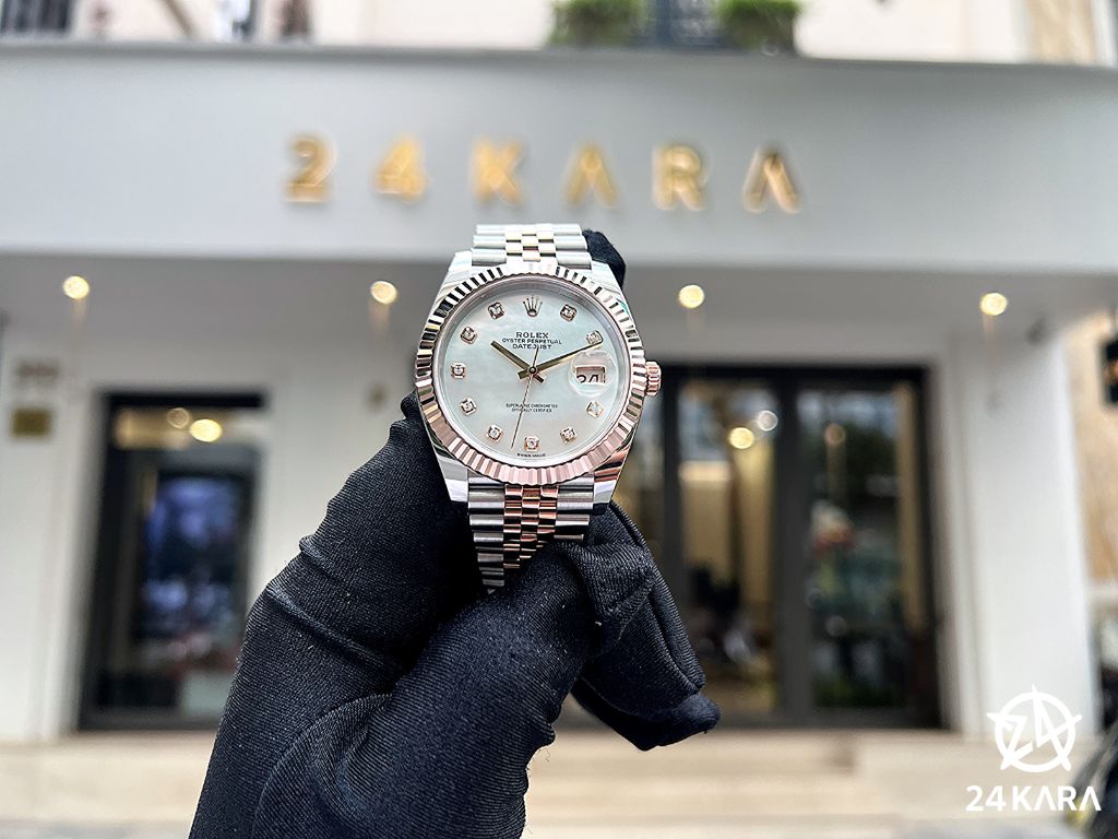 Review chi tiết đồng hồ Rolex Datejust 41 M126331-0014 Demi vàng hồng 18ct Mặt khảm trai MOP trắng cọc kim cương